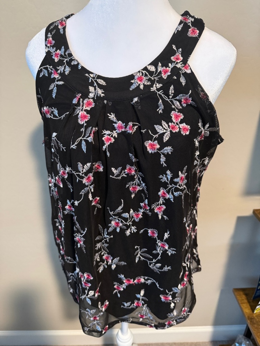 Sara Michelle Black Sleeveless Tank with Pink Floral Embroidery